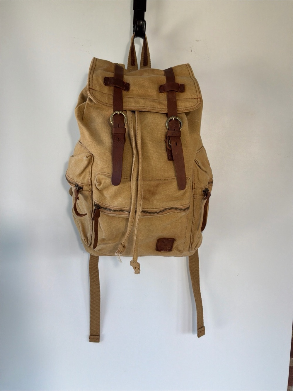 Hynes Eagle Beige Canvas & Leather Hiking Backpack, Padded Straps